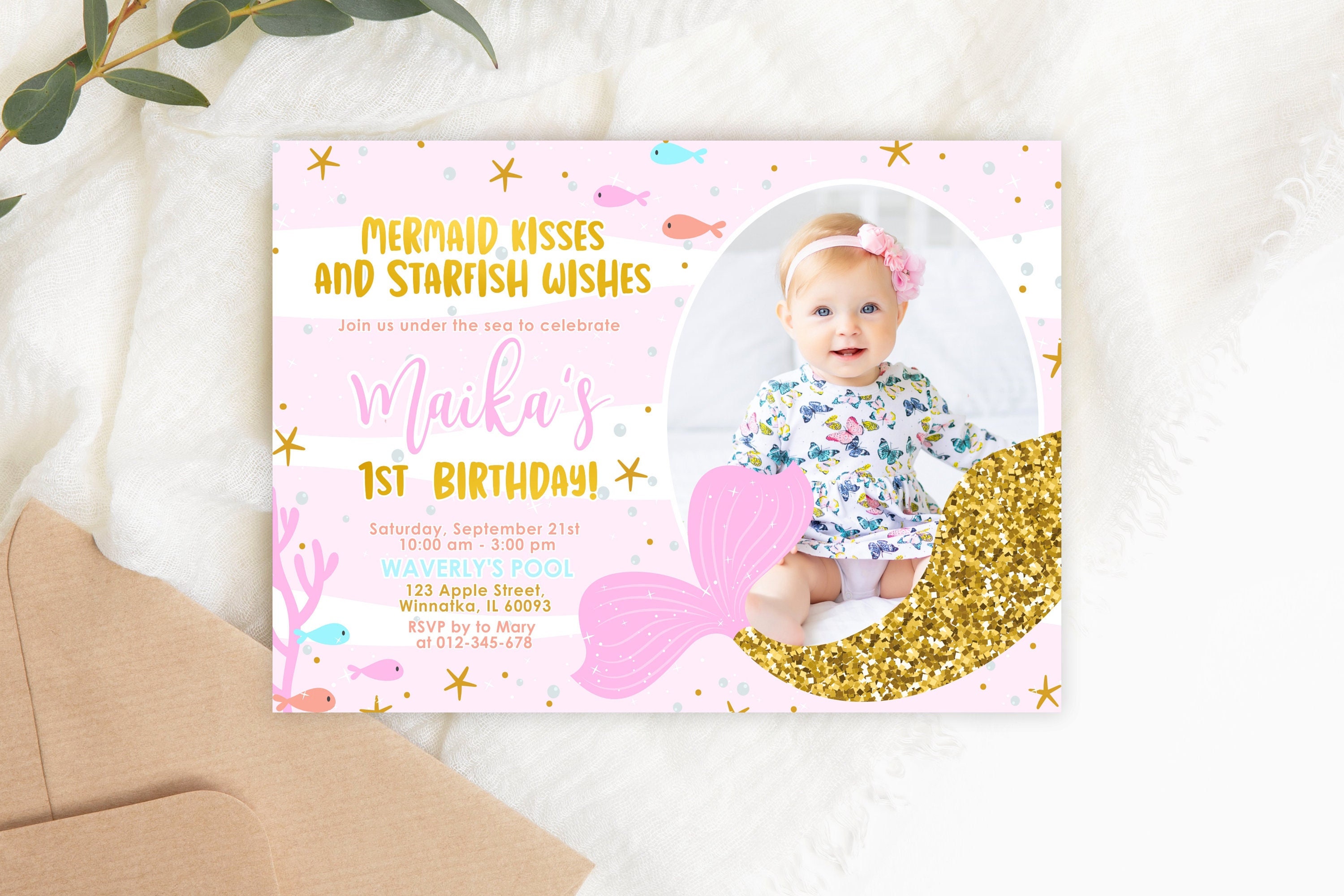 Editable Mermaid Party Invitation Gold Pink Tail Fish Stars Ocean theme Birthday Girl Invite 5x7 PRINTABLE digital download