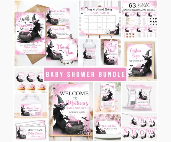 Editable Witch Baby Shower Bundle Pink Halloween Baby Shower Pack A Baby is Brewing Baby Shower Mega Bundle Cauldron Spooky Digital Template