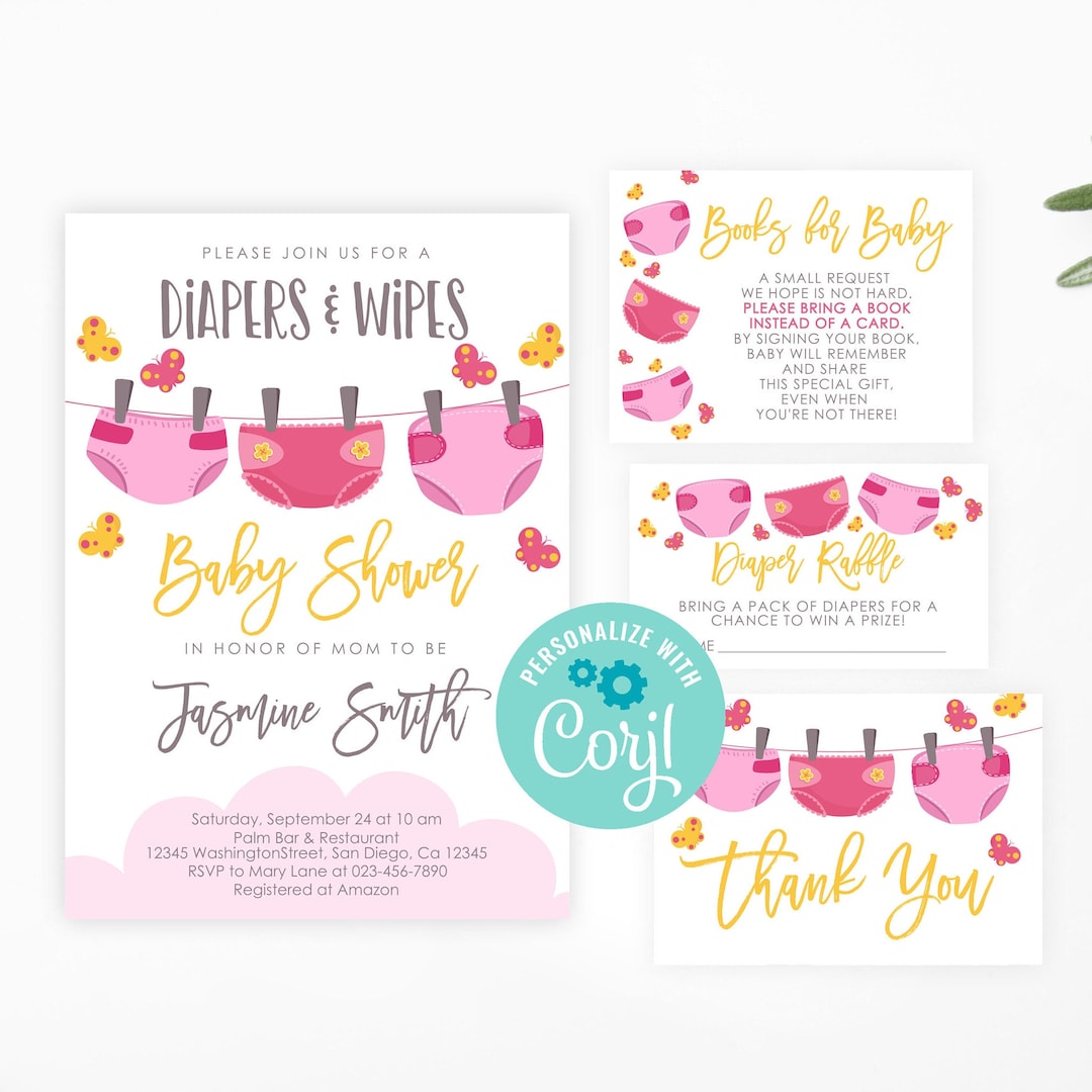 Editable Diaper Baby Shower Invitation Set PRINTABLE Pink Diapers ...