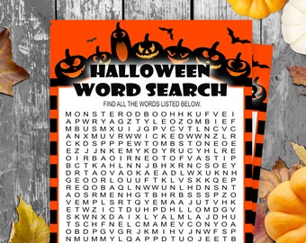 Op de afbeelding: Een oranje en zwarte Halloween-woordzoeker met een zwart-wit geruite achtergrond. De puzzel heeft bovenaan een rij van zes zwarte en oranje pompoengezichten. De woorden die je moet vinden staan onder de puzzel.