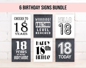 Pode incluir: Um conjunto de seis placas de aniversário com texto a preto e branco sobre um fundo branco ou preto. As placas apresentam frases como "Cheers to 18 Years", "Warning! Adulthood Level Reached" e "Happy 18th Birthday."