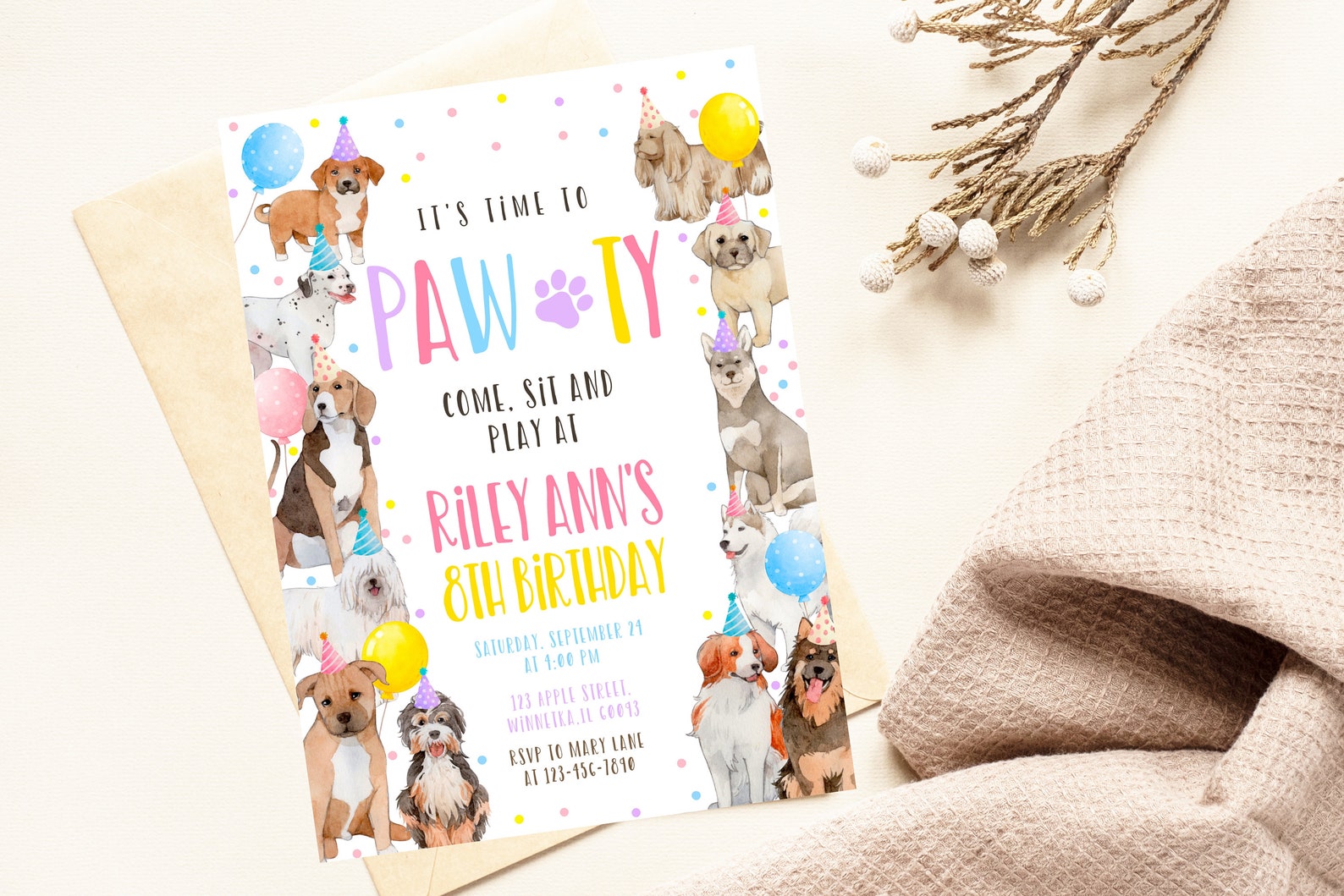 Editable Dogs Birthday Party Invitation Puppy Pawty Invite Dog Shelter ...