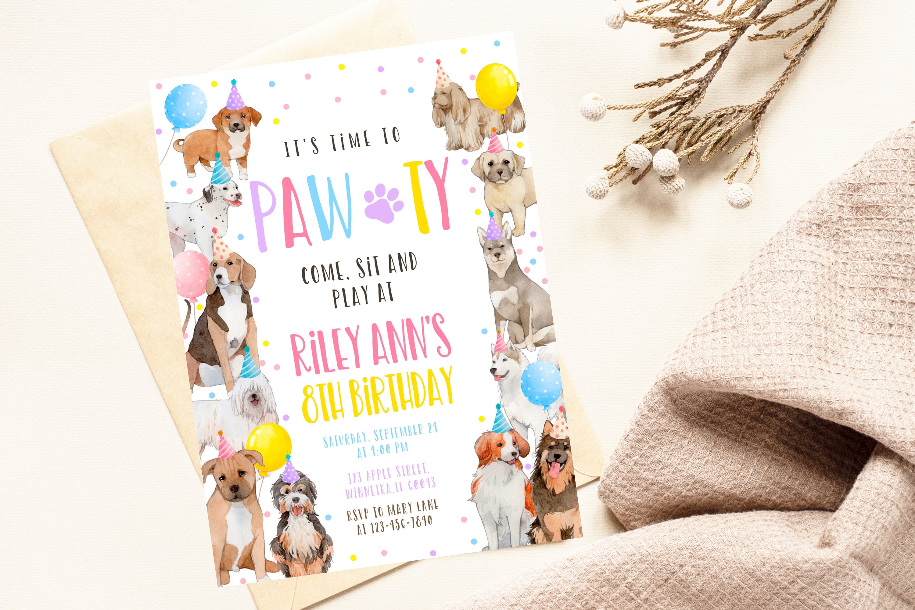 Editable Dogs Birthday Party Invitation Puppy Pawty Invite Dog Shelter ...