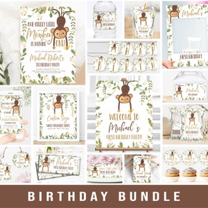 Editable Monkey Birthday Invitation Bundle Pack Boy First Birthday Party Package Invite Set Monkey Two Editable Template Digital Download