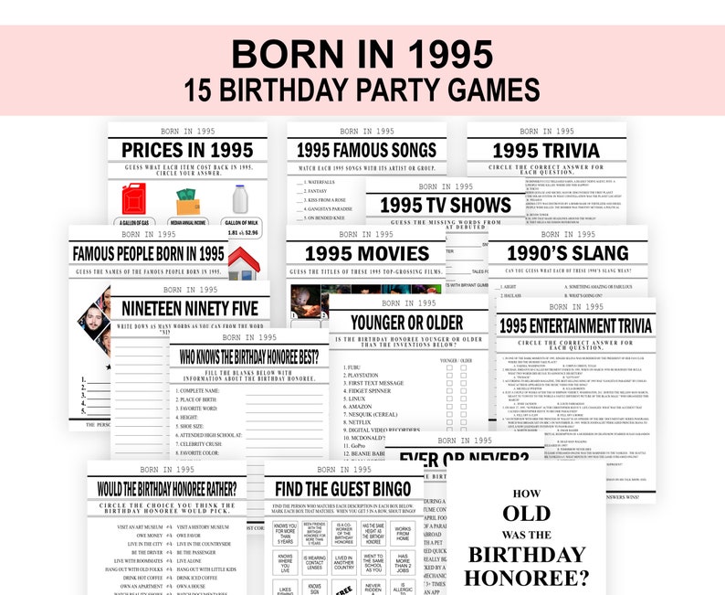 Photo shows all the 15 games within the Born in 1995 Birthday party games bundle