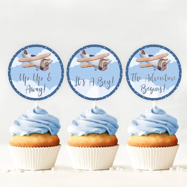 Editable Airplane Cupcake Topper Label Blue Travel Adventure Baby Shower Boy Birthday Party Favor Tag Download PRINTABLE Corjl Template