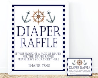 Nautical Diaper Raffle Tickets and Sign Blue Nautical Baby Shower Game PRINTABLE Baby Boy Digital Download, Adventure, Anchor, Travel