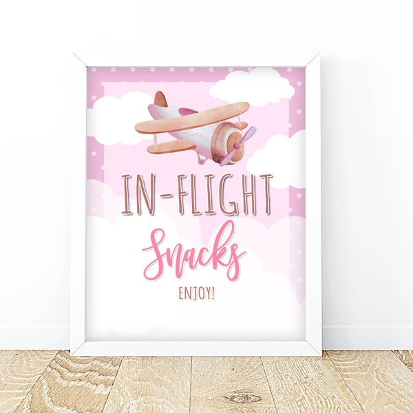 In-Flight Snacks Sign Baby shower Sign Birthday Airplane Pink Clouds Digital Download PRINTABLE Airplane Sign snacks sign airplane theme