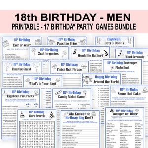 May include: A printable set of 17 birthday party games for an 18th birthday. The games include "Ever or Never", "Pass the Prize", "Scattergories", "Would He Rather", "Finish That Phrase", "What's in Your Bag", "Eighteen Fun Facts", "Candy Match Game", "Word Search", "Who Knows the Birthday Boy Best", "Do's & Don'ts", "Word Scramble", "Scavenger Photo Hunt", "Happy Birthday Around the World", "Name That Cake", and "Younger or Older".