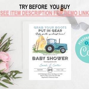 Editable Tractor Baby Shower Invitation Blue Tractor Baby Shower Invite ...