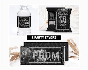 Paquete editable de recuerdos de fiesta plateados y negros para despedida de graduación, etiqueta plateada y negra para bolsa de papas fritas, etiqueta para botella de agua, envoltorio de dulces para graduación (Corjl)