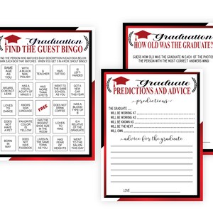 Puede incluir: Una tarjeta de bingo de graduaci&oacute;n imprimible roja y negra con el texto "Graduation Find the Guest Bingo". La tarjeta de bingo tiene 25 casillas con diferentes descripciones para los invitados, como "Tiene un tatuaje", "Usa lentes de contacto", "Conoce el lenguaje de se&ntilde;as", "Le encanta hacer senderismo", y "Fue al sal&oacute;n hoy".