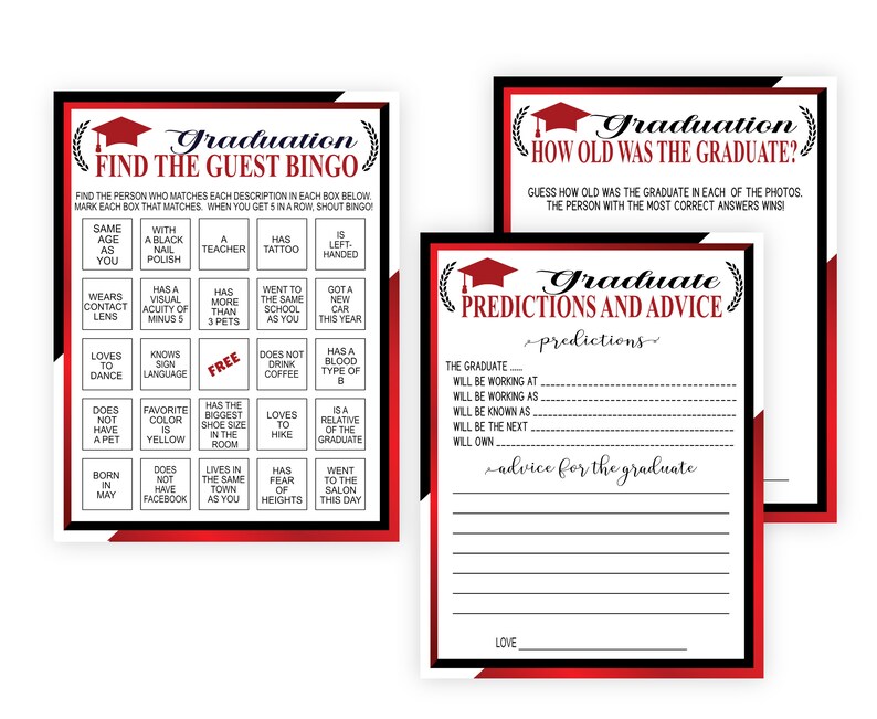Puede incluir: Una tarjeta de bingo de graduaci&oacute;n imprimible roja y negra con el texto "Graduation Find the Guest Bingo". La tarjeta de bingo tiene 25 casillas con diferentes descripciones para los invitados, como "Tiene un tatuaje", "Usa lentes de contacto", "Conoce el lenguaje de se&ntilde;as", "Le encanta hacer senderismo", y "Fue al sal&oacute;n hoy".