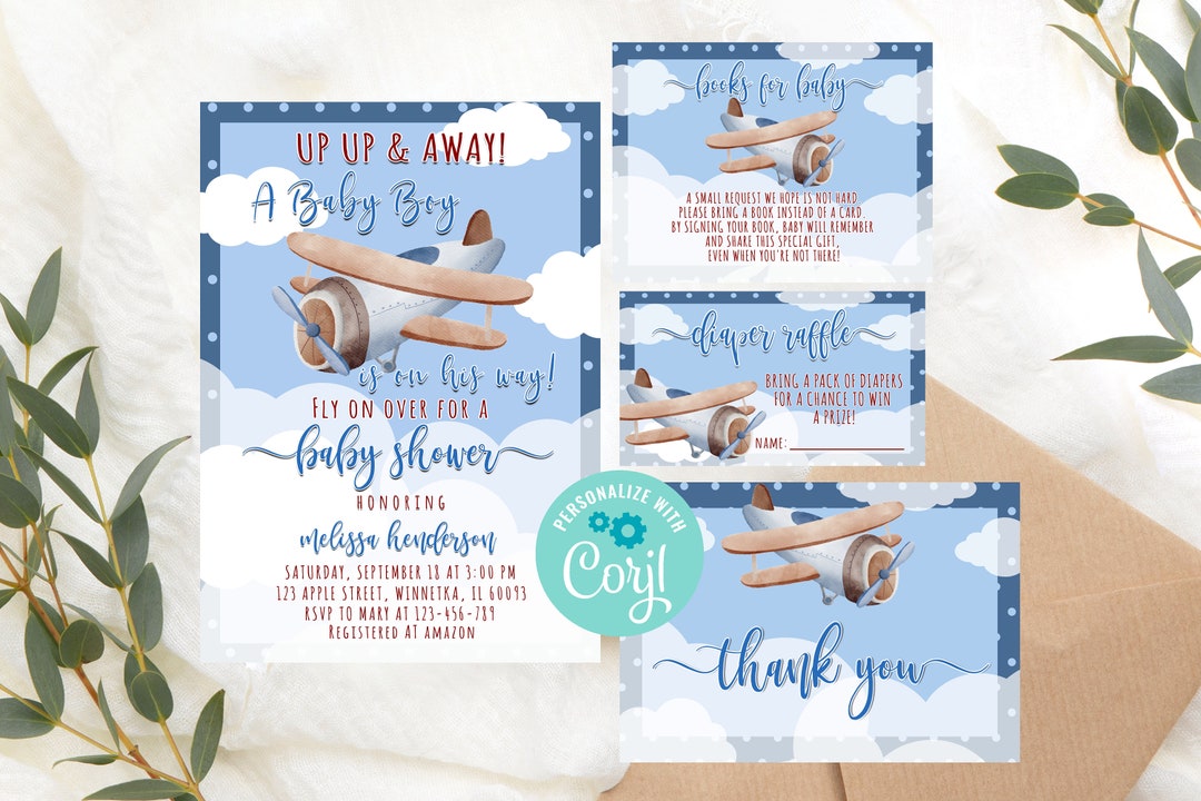 Editable Airplane Baby Shower Invitation Set PRINTABLE Blue - Etsy