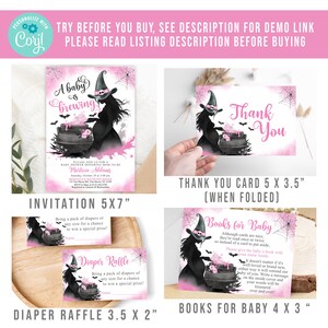 Puede incluir: Un conjunto de invitaciones de baby shower, tarjetas de agradecimiento y tarjetas de rifa de pa&ntilde;ales imprimibles con una bruja con un caldero y murci&eacute;lagos sobre un fondo rosa y negro. El texto de la invitaci&oacute;n dice "A baby is brewing". El texto de la tarjeta de agradecimiento dice "Thank you". El texto de la tarjeta de rifa de pa&ntilde;ales dice "Diaper Raffle". El texto de la tarjeta de libro para beb&eacute; dice "Books for Baby".