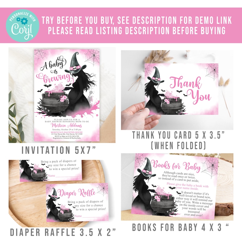 Puede incluir: Un conjunto de invitaciones de baby shower, tarjetas de agradecimiento y tarjetas de rifa de pa&ntilde;ales imprimibles con una bruja con un caldero y murci&eacute;lagos sobre un fondo rosa y negro. El texto de la invitaci&oacute;n dice "A baby is brewing". El texto de la tarjeta de agradecimiento dice "Thank you". El texto de la tarjeta de rifa de pa&ntilde;ales dice "Diaper Raffle". El texto de la tarjeta de libro para beb&eacute; dice "Books for Baby".