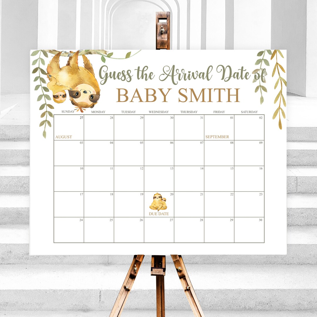 Editable Sloth Baby Due Date Calendar Game Guess Baby's Birth Date Baby