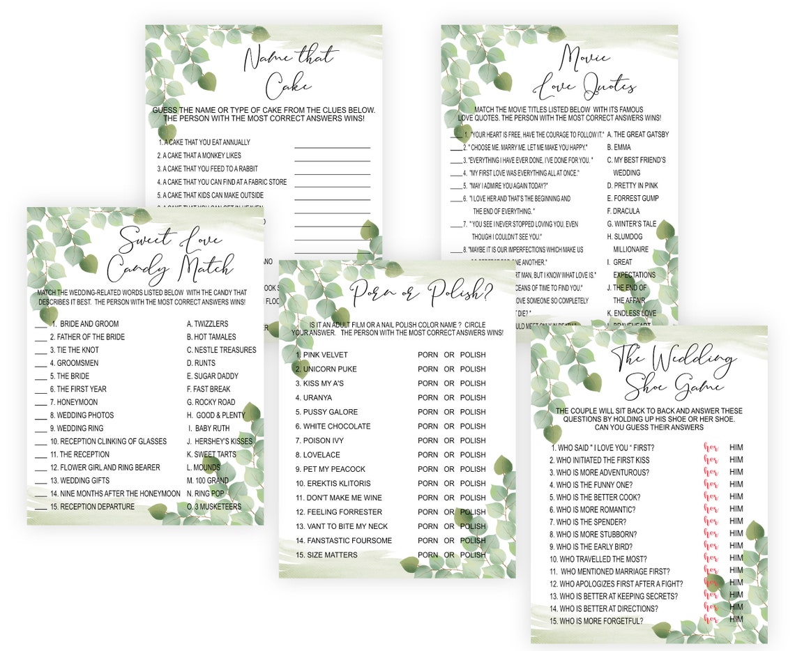 Eucalyptus Bridal Shower Game Bundle Pack Botanical Bridal Etsy