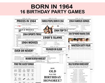 62nd Birthday Party Games , Born in 1964 Trivia, 62nd Birthday Fun Activities Digital Download -- US Version