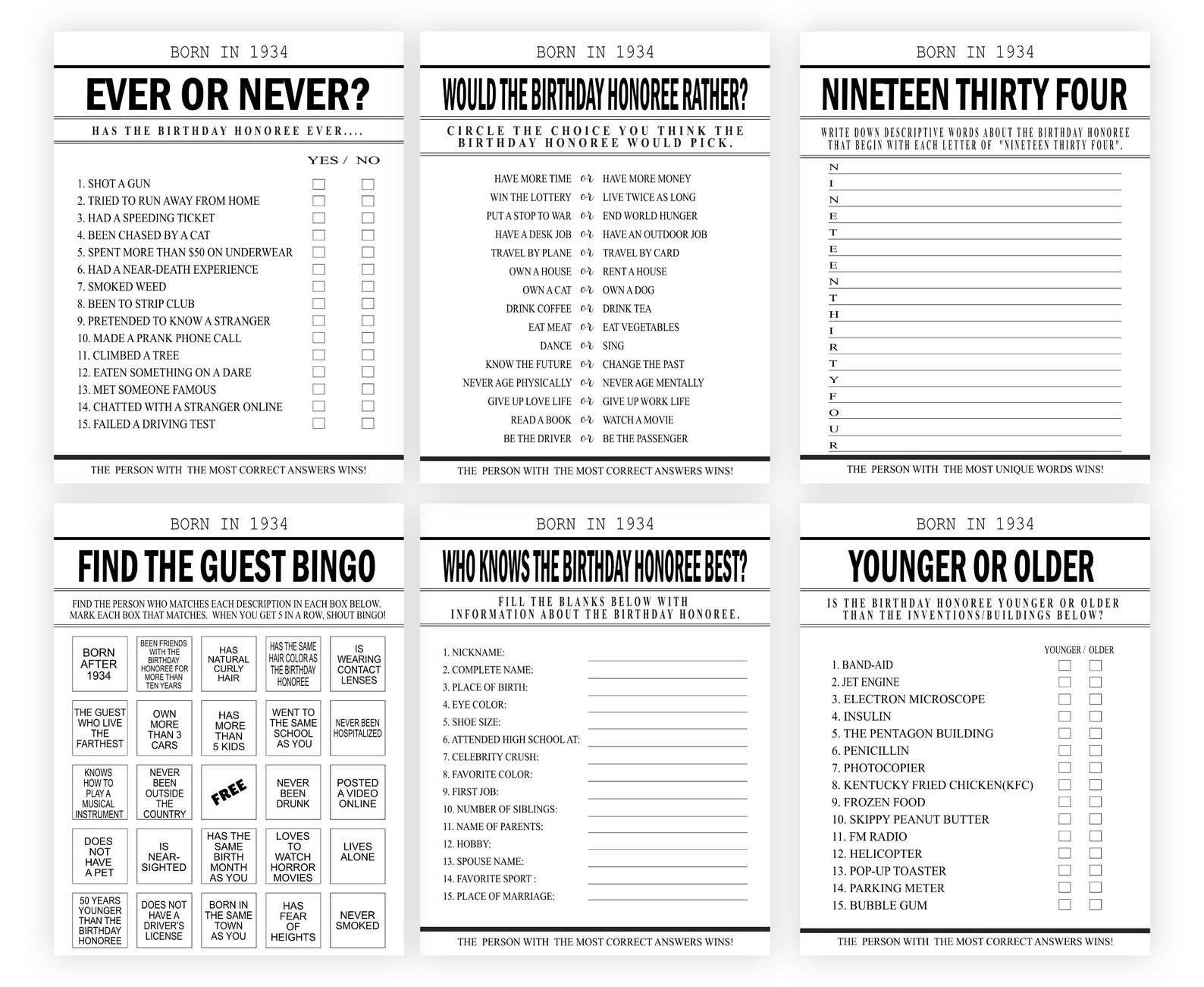 87th Birthday Party Games Born In 1934 Birthday Game Etsy UK