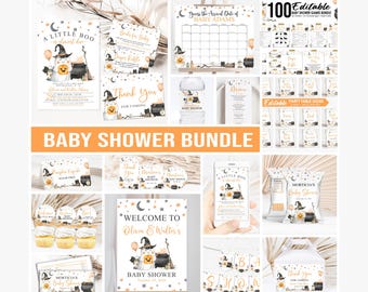 Op de afbeelding: Een babyshower-pakket met een Halloween-thema met spoken, pompoenen en zwarte katten. Bevat uitnodigingen, spelletjes, borden, labels en kaartjes met teksten zoals A Little Boo is Almost Due, Thank You en Welcome to Baby Shower.
