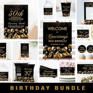 Black Gold Balloon Invitation Pack Glitter birthday decorations sweet 16 party bundle Editable Corjl Template Printable Digital Download