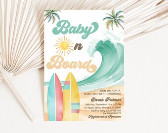 May include: A baby shower invitation with a beach theme. The invitation features a wave, two surfboards, a sun, and the text "Baby on Board". The invitation also includes the name "Sarah Palmer", the date and time of the shower, the address, and the RSVP information. The text "Registered at Amazon" is also included.