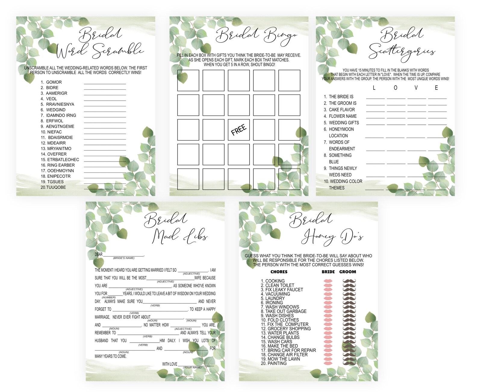 Eucalyptus Bridal Shower Game Bundle Pack Botanical Bridal Etsy