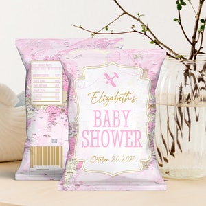 Bolsa de chip de baby shower de viaje rosa editable, favor de bolsa de chip, IMPRIMIBLE, mapa de avión de aventura de viaje rústico, descarga digital, plantilla Corjl