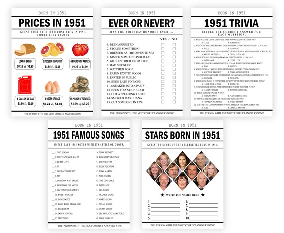 1951 Trivia Game 71st Birthday Games 71st Birthday Party Games 1951 Quiz Born In 1951 Games Bundle Printable Games