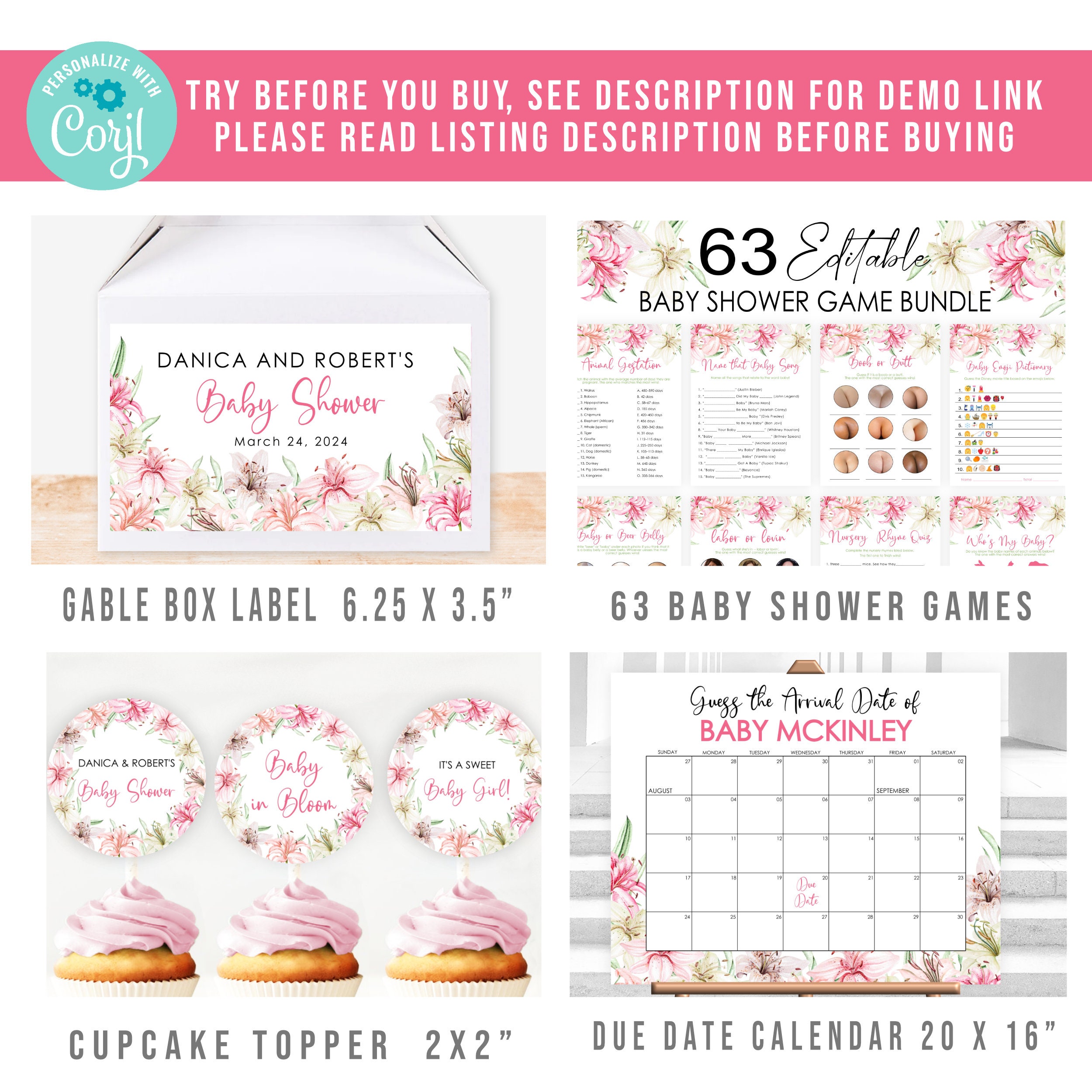 Editable Lily Baby Shower Invitation Bundle Template Girl Pink White ...