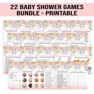 Baby Girl Pink Elephant Baby Shower Game Bundle, Pink Elephant Baby Girl Baby Shower Games, Pink Elephant, Pink Baby Girl Elephant, Flower
