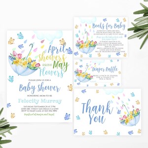 Ensemble d'invitations modifiables pour les averses d'avril, invitation pluie parapluie bleu, fleurs printemps-mai, garçon Baby shower, téléchargement du modèle imprimable Corjl