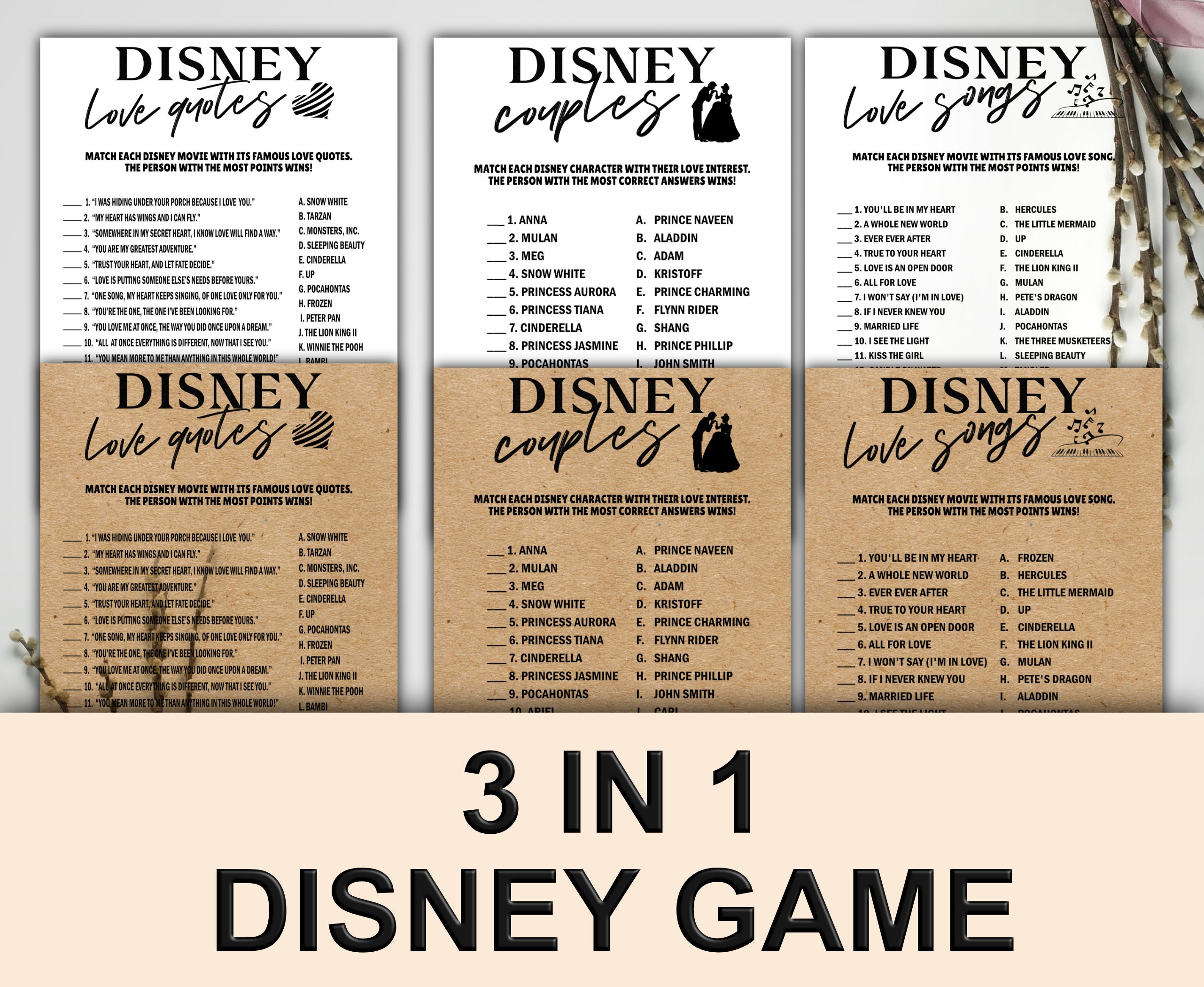 Disney Love Song Bridal Shower Game Disney Love Quote Wedding Etsy