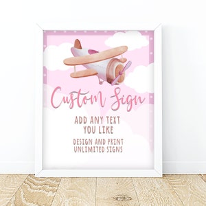 Editable Custom Pink Airplane Birthday Party Sign Decor Digital File PRINTABLE Baby Shower Sign Template Pink Clouds Airplane Adventure