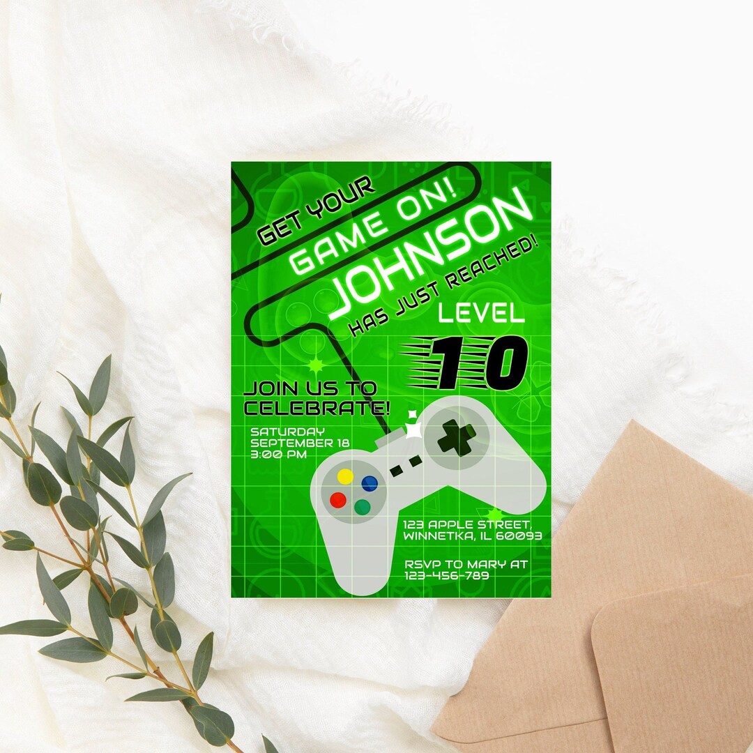 Editable Gamer Birthday Invitation Green Gaming Video Game Etsy