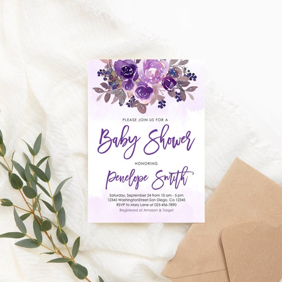 Editable Purple Flower Baby Shower Invitation Violet Floral Etsy