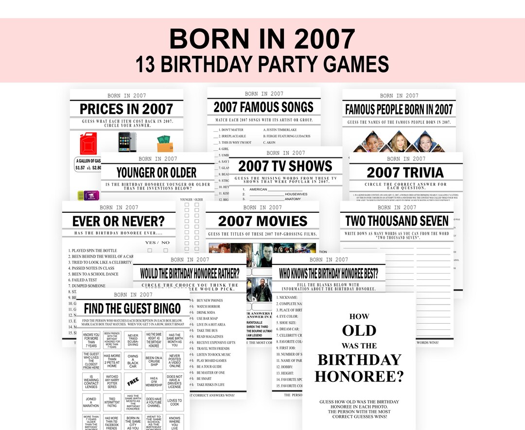 17th Birthday Party Games Born in 2007 Birthday Games Bundle 2007