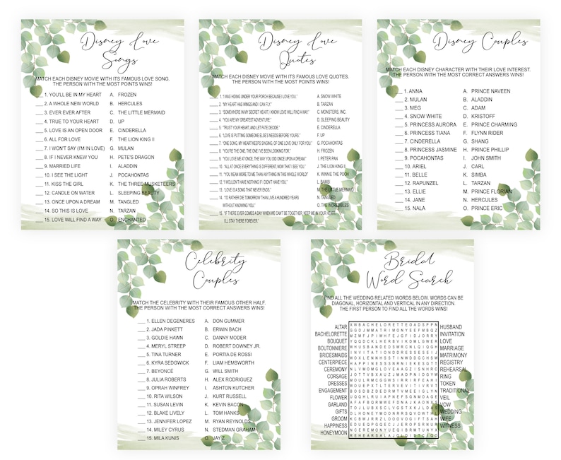 Eucalyptus Bridal Shower Game Bundle Pack Botanical Bridal Etsy