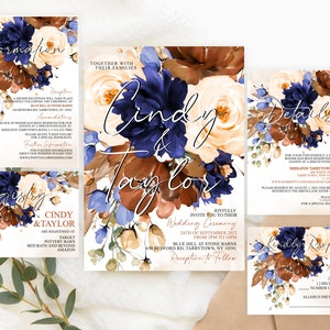 Editable Wedding invitation template set Terracotta Blue bundle Burnt Orange Details RSVP Information Registry Floral PRINTABLE Corjl CINDZY