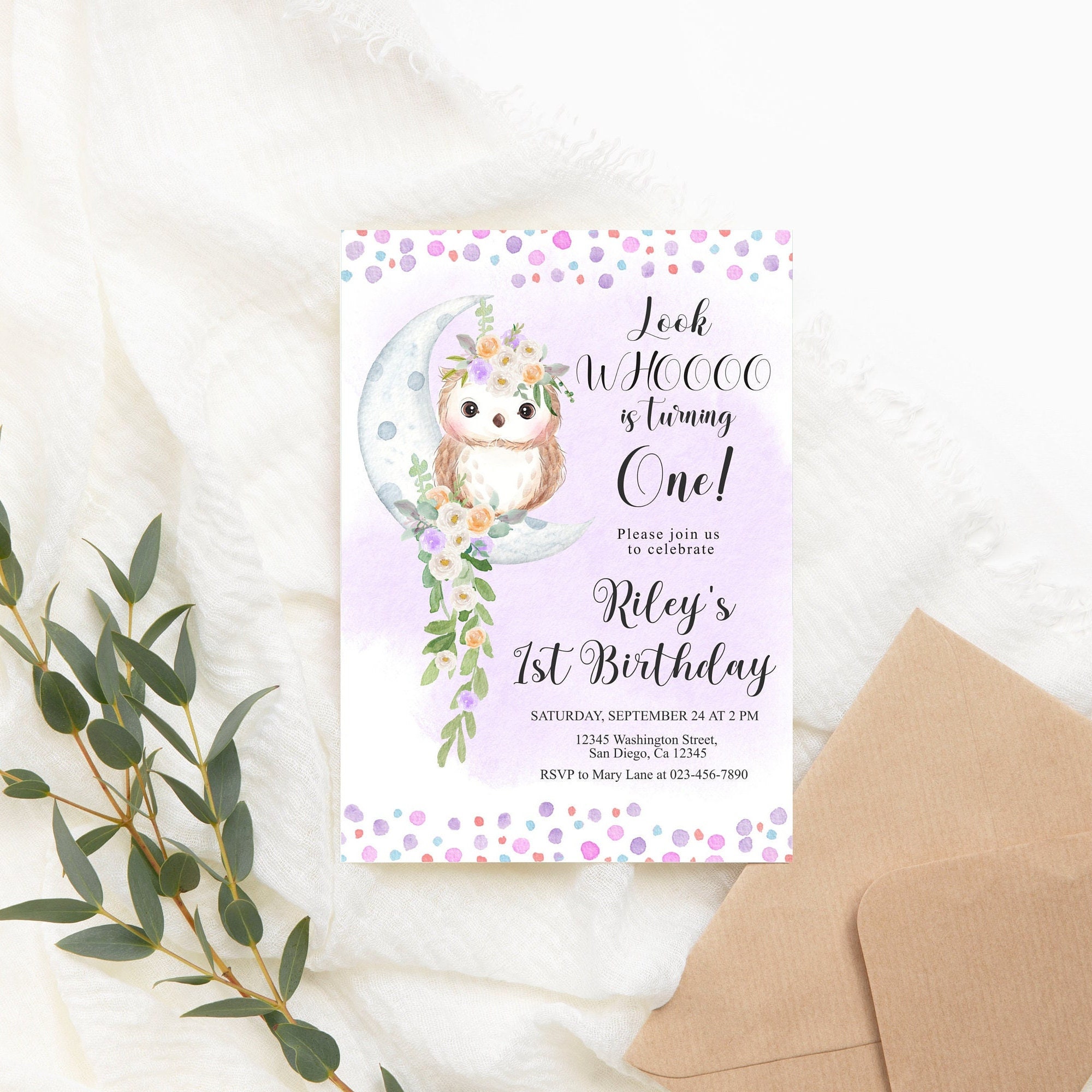 Editable Owl Birthday Invitation Purple Owl Theme Birthday Party Invite Girl Cute Owl Digital Violet