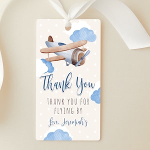 Bewerkbare vliegtuigjongen dank u Tag Cloud Blue Aviation Birthday Party Favor Label rechthoek cadeaukaartje kaart afdrukbare digitale download