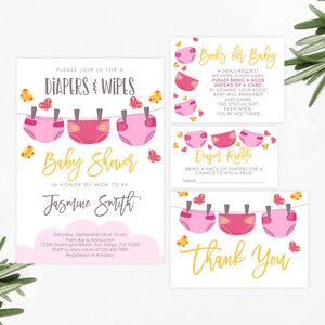 Editable Diaper Baby Shower Invitation Set PRINTABLE Pink Diapers Invitation Inserts Set Baby Shower Invitation baby girl Invitation Corjl