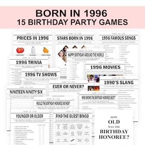 Displays all the 15 games within the Born in 1996 Birthday party games bundle.