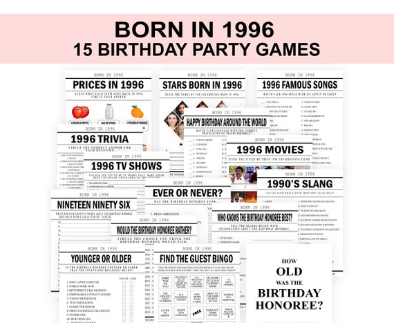 30th Birthday Party Games, Born in 1996 Birthday Games Bundle, 1996 Trivia, Fun 30th Party Games for Her or Him (Printable Download)