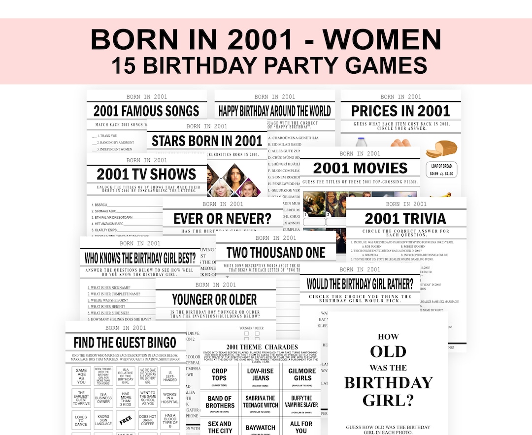 25th Birthday Party Games, Born in 2001 Birthday Game Bundle, 2001 ...