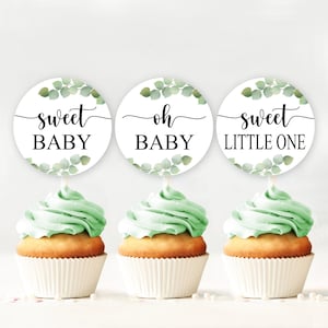 Toppers Cupcake verde, etichette favore, Baby Shower, decorazioni per feste doccia verde Scarica toppers cupcake digitali, eucalipto, STAMPABILE