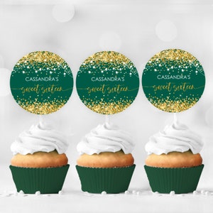 Editable Gold Green Cupcake Toppers Cumpleaños Favor Etiquetas oro Glitter cupcake toppers etiqueta IMPRIMIBLE Corjl Plantilla Descarga digital
