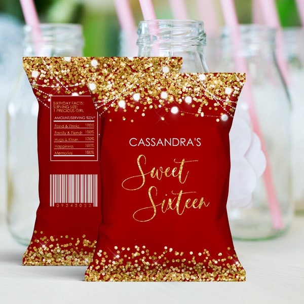 Editable Red Chip Bag Label PRINTABLE Red Gold Glitter Chip Bag Favor DIY Chip Bag Sweet 16th Birthday party Digital Download Corjl Template