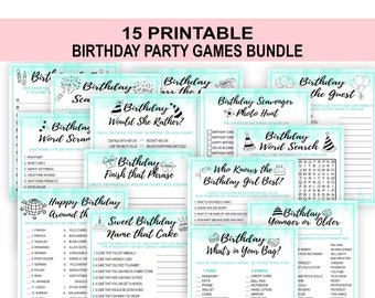 Op de afbeelding: Een set van 15 printbare verjaardagsspelletjes met een turquoise en witte kleurstelling. De spellen omvatten "Birthday Word Scramble", "Birthday Would She Rather", "Birthday Finish That Phrase", "Happy Birthday Around the World", "Sweet Birthday Name That Cake", "Birthday Scavenger Photo Hunt", "Birthday Word Search", "Who Knows the Birthday Girl Best", "Birthday the Guest" en "Birthday Younger or Older".
